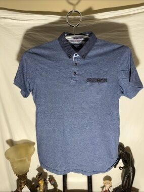 Cactus Heather Blue Polo with Patterned Contrast Collar